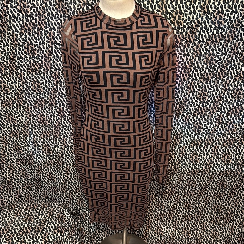 Geometric Patterned Black and Brown Dress